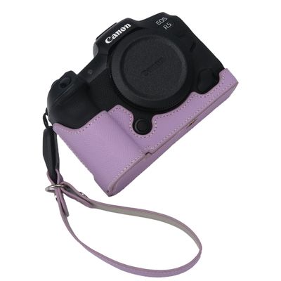 For Canon EOS R5 Camera Case,Handmade Genuine Real Leather Half Camera Case Bag Cover for Canon EOS R5 Camera Bottom Opening Version + Hand Strap (purple)