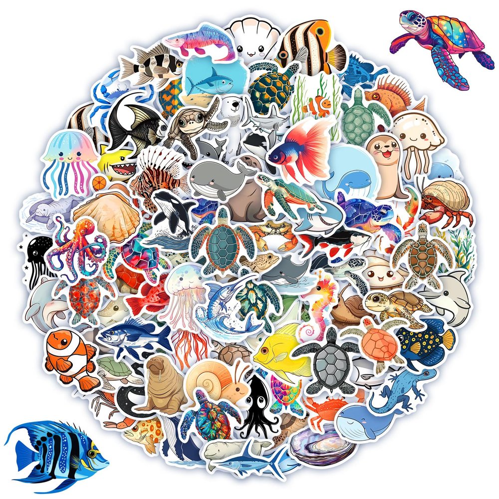 100 Pcs Ocean Stickers for Kids Teens Adults, Under The Sea Animal Fish Turtle Stickers for Water Bottle Laptop, Waterproof Sea Creature Sticker Pack, Cute Ocean Party Favors & Decorations