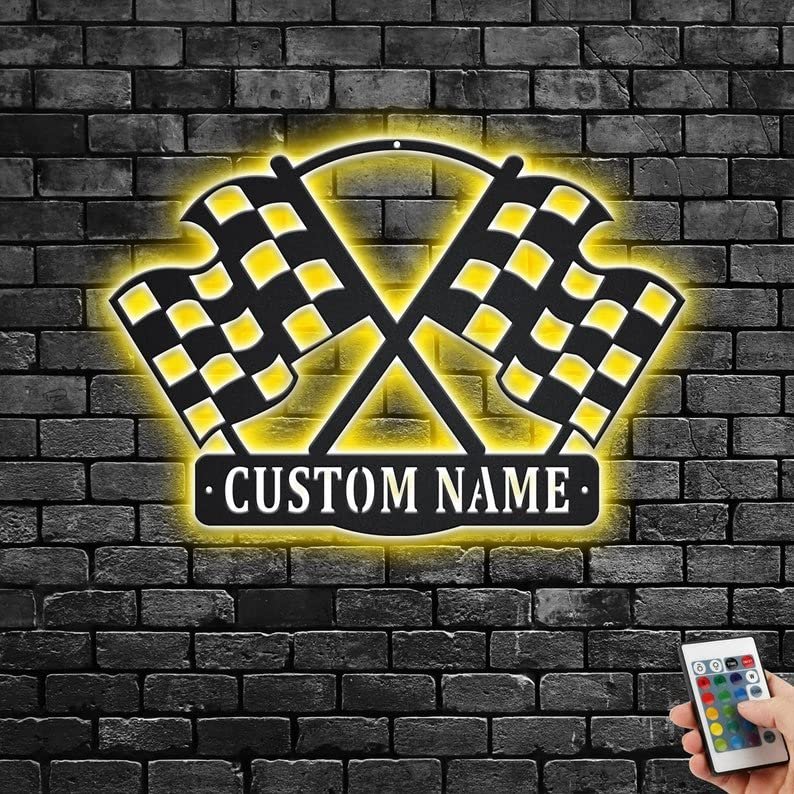 Decor Sign, Custom Checkered Racing Flag Metal Wall Art With LED Light, Personalized Racer Name Sign Decoration For Room, Racing Metal LED Decor