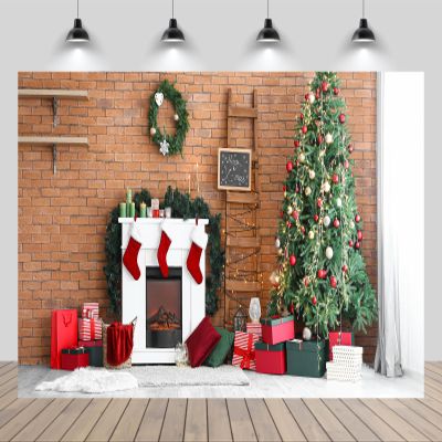 chnywork 12x8ft Christmas Room Interior Backdrop Fireplace Xmas Tree Gifts Toys Christmas Stocking Vintage Brick Wall Background Xmas Eve New Year Theme Party Decor Portrait Photo Studio Booth Props