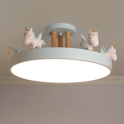 SUZEPER Cartoon Unicorn Ceiling Light Girls Room Lighting Fixtures, Round LED Chandelier 3 Color Dimmable, Flush Mount Kids Lamp for Baby Bedroom,Study Room(Wood Rod, Blue)