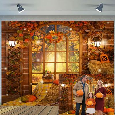 20x10ft Fall Thanksgiving Backdrop Autumn Pumpkin Harvest Window Photography Backdrops Maple Leaves Haystack Floral Party Decorations Background