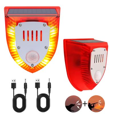 QXMH Solar Outdoor Motion Sensor Alarm - Dog Barking&Gunshot Sound 129db, Light Strobe Light Warning Lamp with USB, Motion Detector Noise Maker Warning Lamp for Home, Villa, Farm, Barn, Yard (2 Pack)