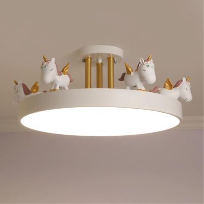 SUZEPER Cartoon Unicorn Ceiling Light Girls Room Lighting Fixtures, Round LED Chandelier 3 Color Dimmable, Flush Mount Kids Lamp for Baby Bedroom,Study Room(Metal Rod, White)