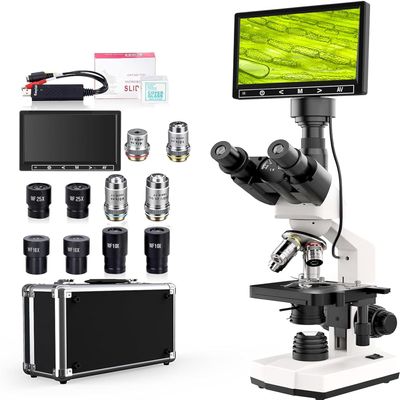 Lab Trinocular Compound Microscope with 40X-2500X Magnification, Dual-View Microscope for Adults Kids Student with 7 Screen, Built in 5MP Camera, Dual Illumination, Abbe Condenser (White)