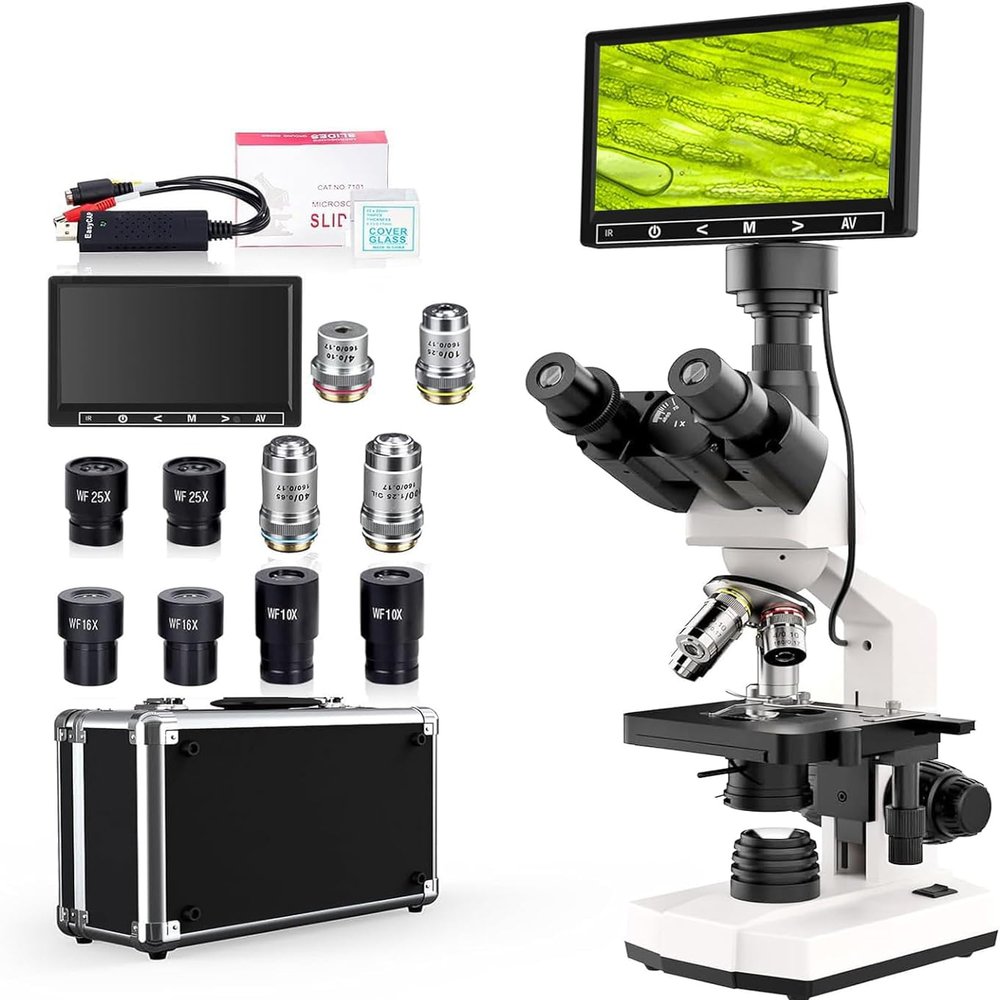 Lab Trinocular Compound Microscope with 40X-2500X Magnification, Dual-View Microscope for Adults Kids Student with 7 Screen, Built in 5MP Camera, Dual Illumination, Abbe Condenser (White)
