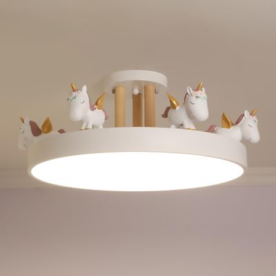 SUZEPER Cartoon Unicorn Ceiling Light Girls Room Lighting Fixtures, Round LED Chandelier 3 Color Dimmable, Flush Mount Kids Lamp for Baby Bedroom,Study Room(Wood Rod, White)