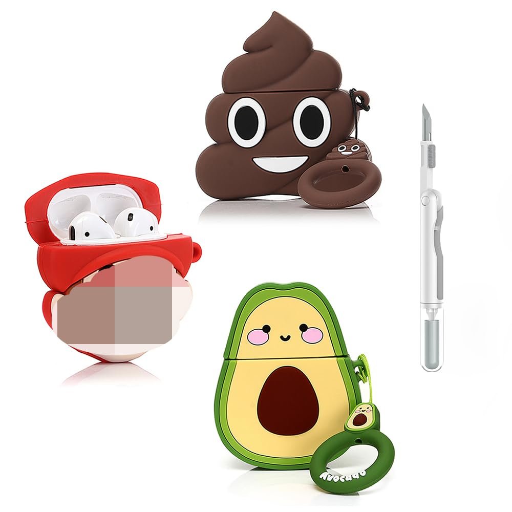 (3Pack) Case for AirPods 2nd/1st Generation with Cleaning kit, XMBYGY Cute Skin Design Silicone Cartoon Charging Case Protective Covers with Keychain for AirPods 1/2 Earbuds (M+A+F)