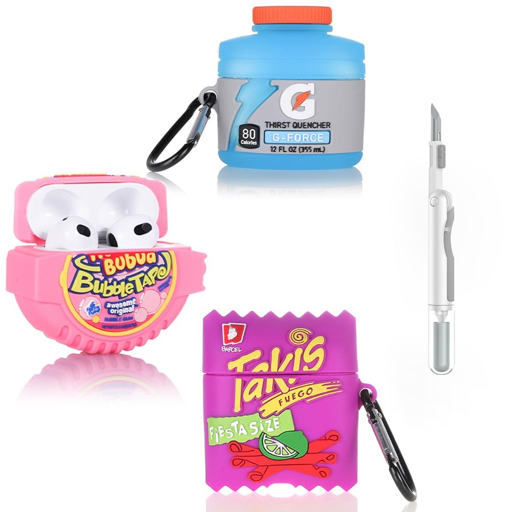 (3Pack) Case for AirPods 3rd Generation with Cleaning kit, XMBYGY Cute Skin Design Silicone Cartoon Charging Case Protective Covers with Keychain for AirPods 3 Earbuds (B+G+T)