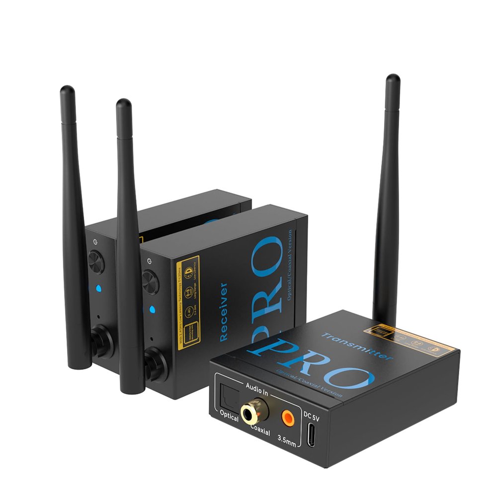 1Mii 3-in-1 2.4Ghz Wireless Audio Transmitter Receiver for 2 Subwoofer/Active Speaker/Power Amplifier, 20ms Low Latency,192kHz/24bit HiFi, 328ft Range, Optical/Coaxial/3.5mm(RCA) Audio Input/Output