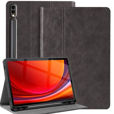 Gexmil Genuine Leather Case for Samsung Galaxy Tab S10 / S9 Ultra 14.6 Inch with Pencil Holder,Shockproof Protective Adjustable Kickstand Smart Folio Flip Tablet Cover, Grey