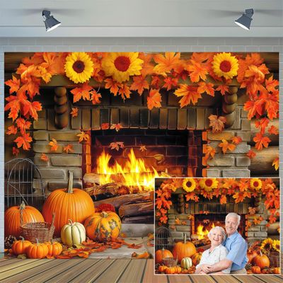 15x10ft Fall Thanksgiving Fireplace Backdrop Autumn Harvest Pumpkin Brick Wall Photography Backdrops Maple Leaf Sunflower Thanksgiving Party Decorations Backdrop Photo Props Supplies