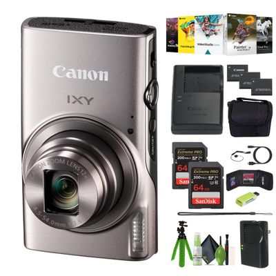 Canon PowerShot IXY 650 (ELPH 360) HS Compact Digital Camera 12x Optical Zoom IXY650 (Silver) + 2X 64GB Memory Card + Card Reader + Photo Software + Vlogging Tripod + Cleaning Kit + More (Renewed)
