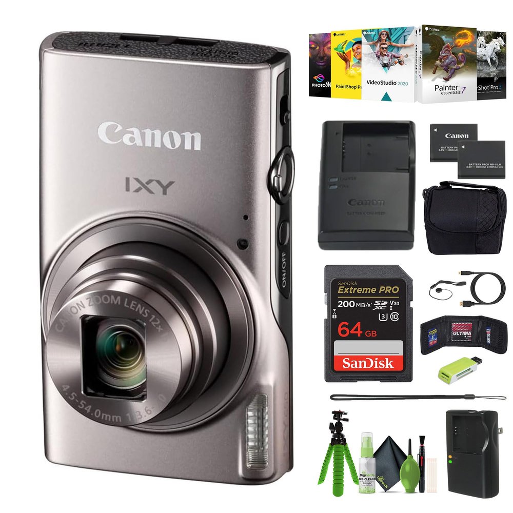 Canon PowerShot IXY 650 (ELPH 360) HS Compact Digital Camera 12x Optical Zoom IXY-650 Silver + 64GB Memory Card + Card Reader + Photo Software + Vlogging Tripod + Cleaning Kit +More (Renewed)