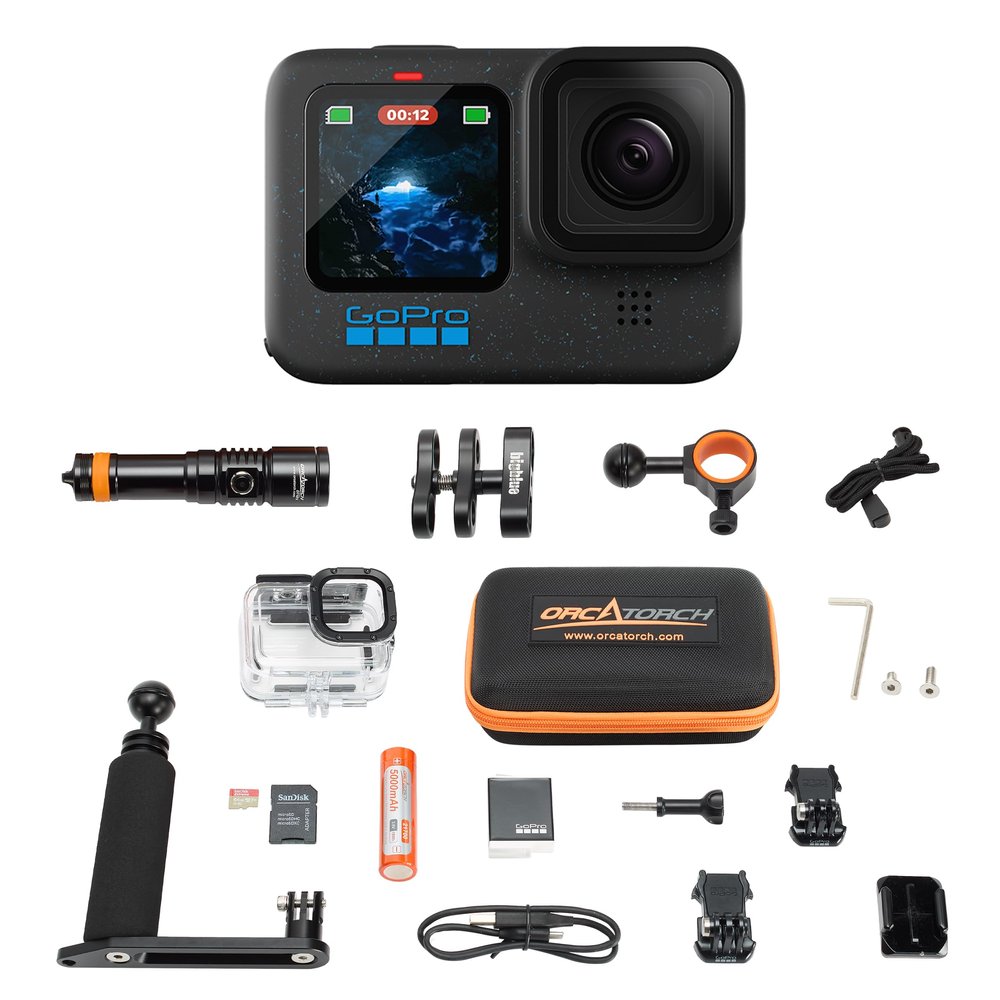 GoPro HERO12 Waterproof Action Camera Dive Kit with 5.3K60 UHD Video, 27MP HDR Photos - Bundle with Protective Housing, Video Light Pack, Camera Tray, Double Clip, 64GB microSD Card