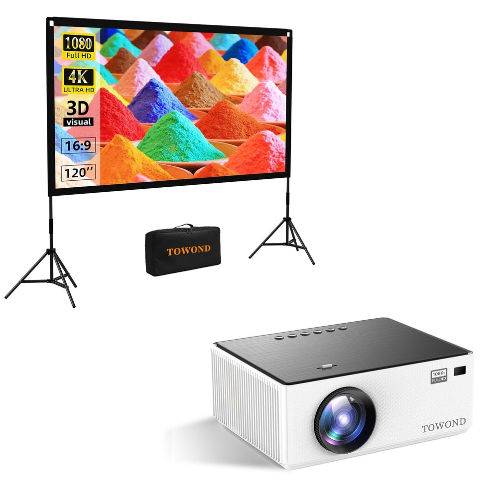 Projector and Screen Outdoor Combo, Towond 120 inch Projection Screen with Stand Wrinkle-Free Foldable with Carry Bag, Mini Projector with Android TV 11.0 1080P Movie Projector with WiFi and Bluetooth