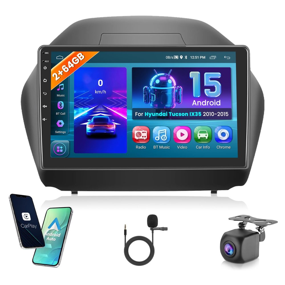 2+64GB for Hyundai Tucson IX35 2010 2011 2012 2013 2014 2015 Android Car Stereo, 10.1 Inch Touchscreen Car Radio with Wireless Carplay/Android Auto/GPS Navigation/WiFi/Bluetooth/FM/RDS + Backup Camera