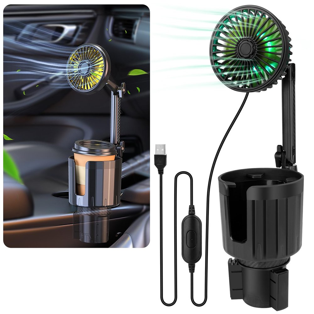 Car Fan, Car Fan Cup Holder with Colorful Lights, USB Portable Vehicle Cooling Air Fan for Car SUV, RV, Truck, 3 Speed, 360 Degree Rotatable, 4.13" USB Powered Electric Car Fans (Single Head)