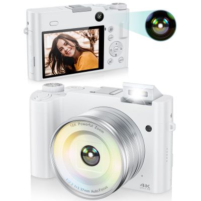 ToAuite 4K Digital Camera for Photography, 64MP Autofocus Vlogging Camera for YouTube with Selfie Lens, Compact Travel Video Camera with Flash, 16X Zoom, Anti-Shake, 32GB Card, 2 Batteries(White)