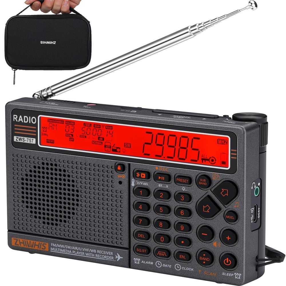 ZHIWHIS Shortwave Radio with APP Control and Antenna Port, AIR AM FM SW UHF VHF WB NOAA Emergency Radios, Flashlight/SOS Alarm/Bluetooth/MicroSD Play/1000Presets/Rechargeable Portable Receiver ZWS-757