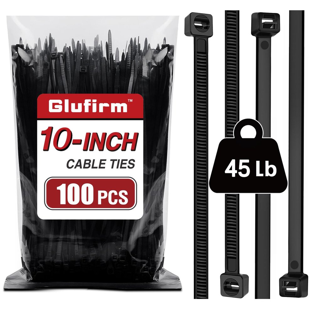 Zip Ties 10 inch (100 Pack), Black Cable Ties, 45lb Tensile Strength, Wire Ties, Glufirm