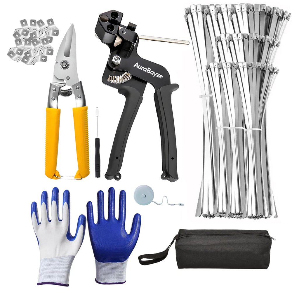 AuraBayze Heavy Duty Metal Zip Ties Gun Kit for Fastening Cutting,200PCS Self-locking Uv Resistant Stainless Steel Cable Ties Tool Set for Outdoor Fence, Exhaust Pipe,with 20PCS Screw Hole (8PCS Set)