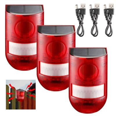 3Pcs Solar Alarm Lights with Motion Detector, Waterproof Outdoor Security Siren Light, 6 Led Flashing Red Light & 129Db Siren, 4 Modes for Farm, Villa, Barn, Yard, Home