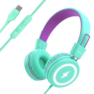 Bywulanda Kids Headphones with LED Lights for School, Upgrade USB Type C Kid Headphone with Microphone, Volume Limiter 85/94dB, Wired On Ear Headphones for Boys/Girls/Tablet/Travel -Green