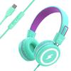 Bywulanda Kids Headphones with LED Lights for School, Upgrade USB Type C Kid Headphone with Microphone, Volume Limiter 85/94dB, Wired On Ear Headphones for Boys/Girls/Tablet/Travel -Green