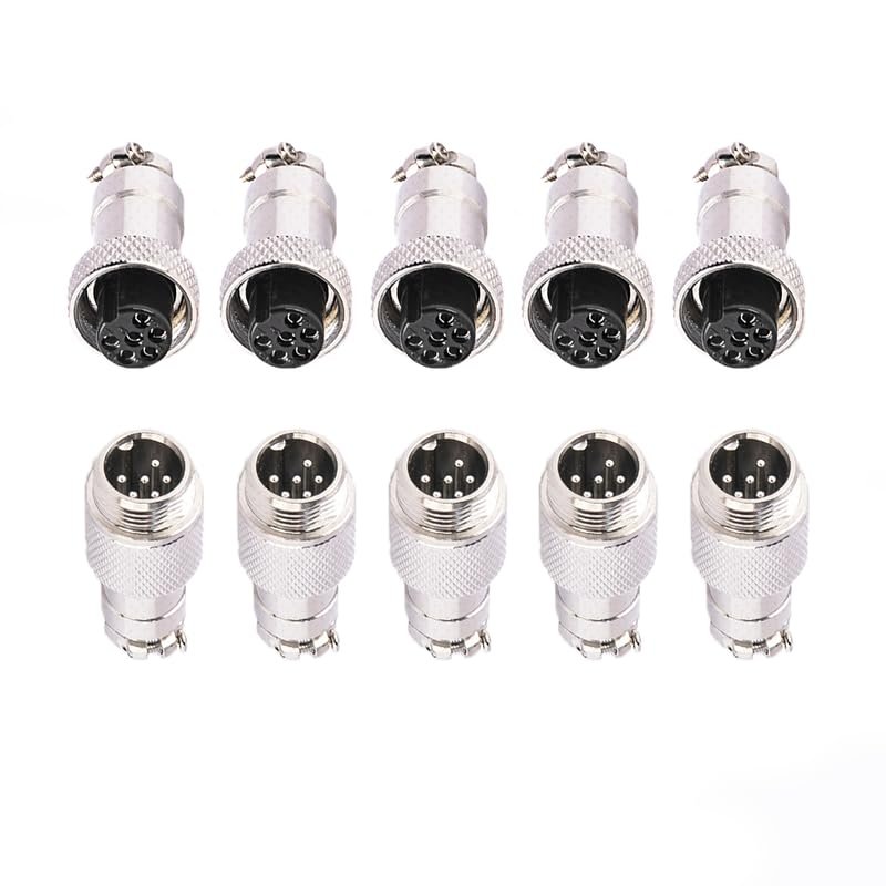5 Pcs GX12 6 Pin Metal Male Female Panel Connector, 12mm Panel Mount Circular Metal Aviation Connector Adapter Plug Socket for Cable Power Connection (5 Sets)