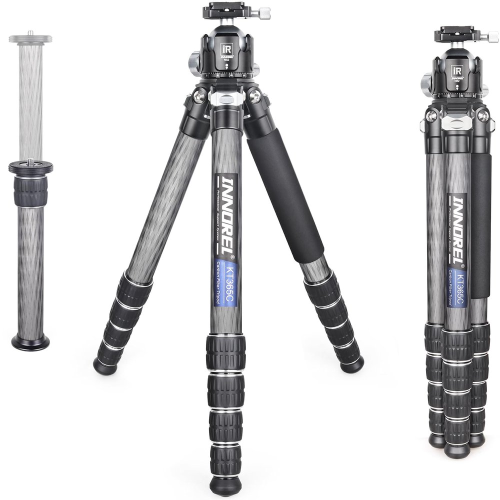 INNOREL Carbon Fiber Compact Tripod KT365C Professional 36mm Tube 5 Sections Heavy Duty Camera Stand for Digital DSLR Video Camcorder with 52mm Low Profile Panoramic Ballhead Center Column Load 30kg