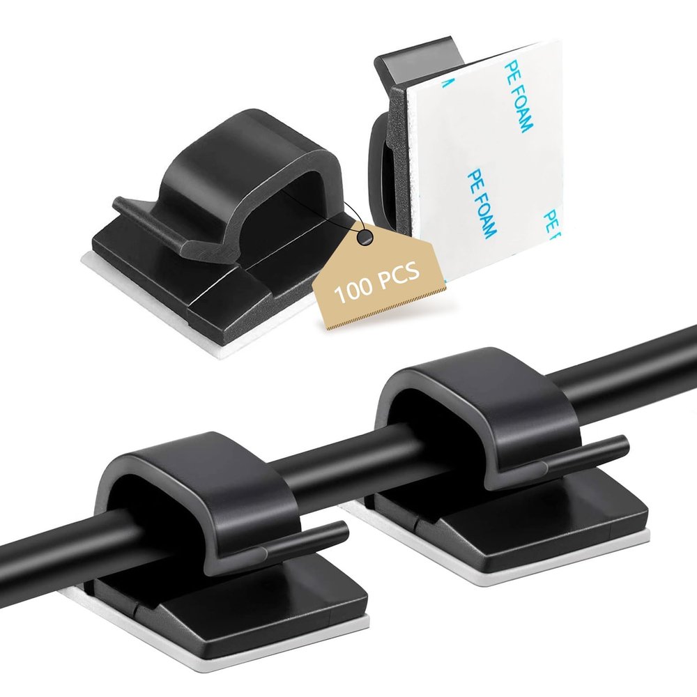 Abnii 100PCS Adhesive Cable Clips, Wire Holder Organizer Cord Management, Cable Staples Outdoor Strong Cord Clips for Wall, Desk, Christmas Lights, String Lights, TV PC Ethernet Cable, Black Small