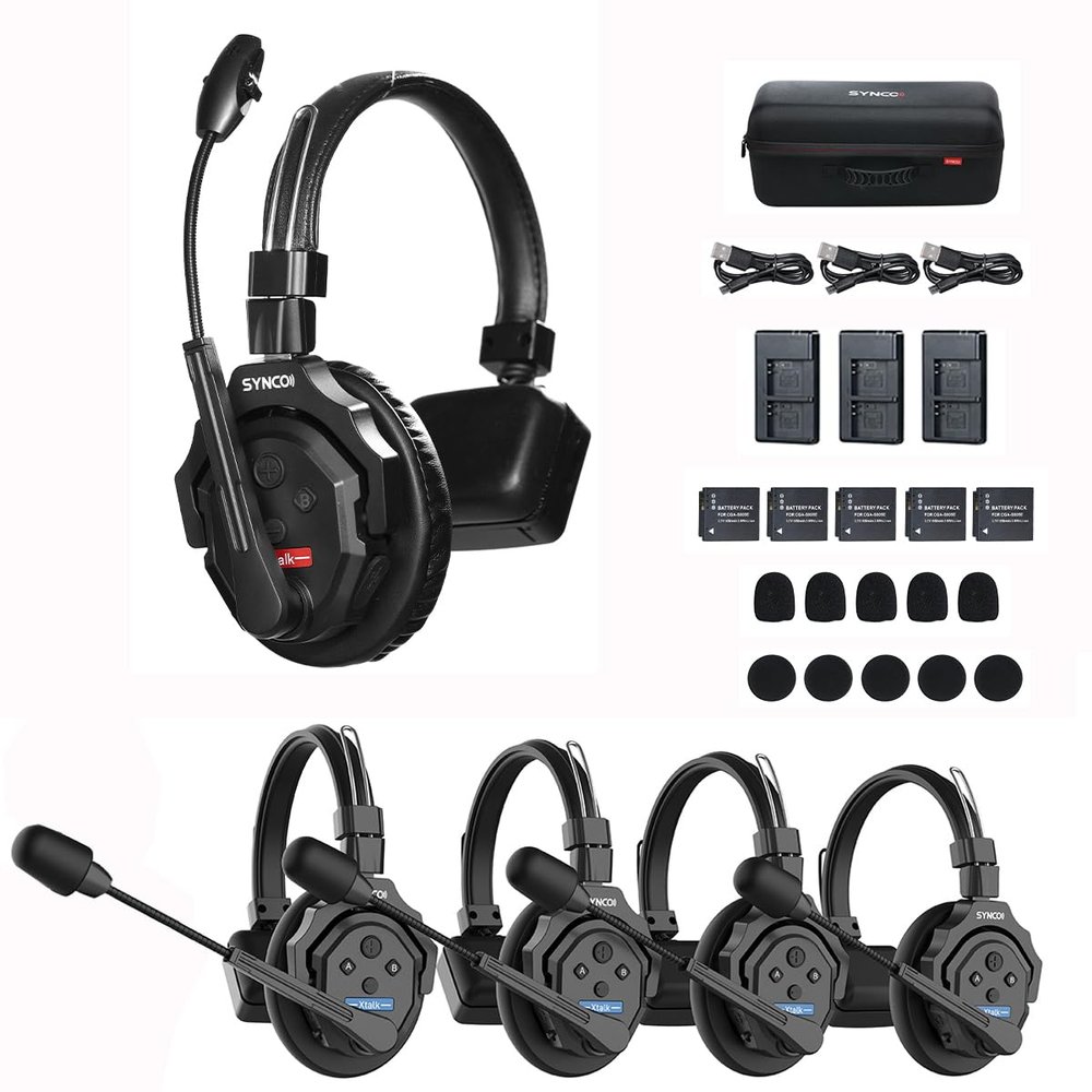 BAFONGCINE SYNCO XTalk X5 Wireless Headset Intercom System,2.4GHz Full Duplex 350M/1148FT Real-time Monitoring,20-Hour Battery Life Telephone Headsets for 5-Person Team Communication