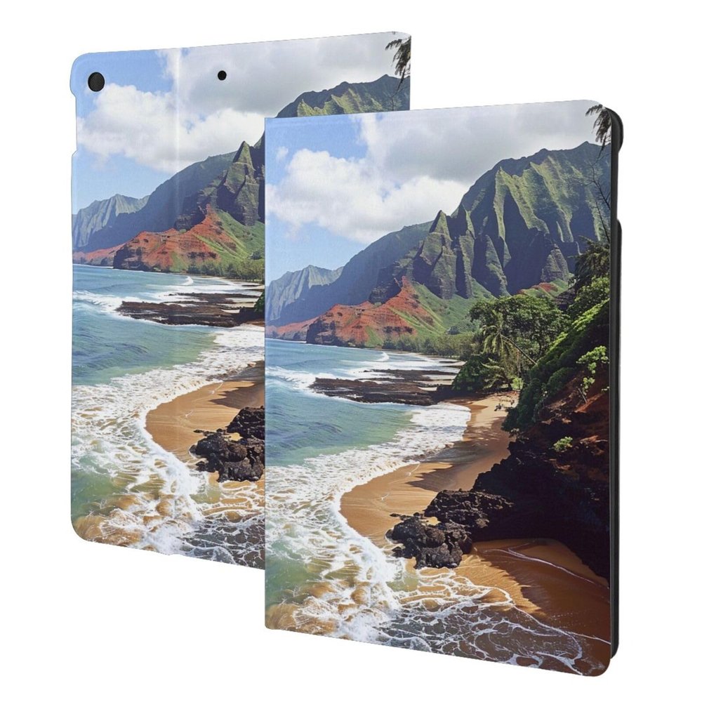 Kauai Hawaii Seashore Printed Tablet Case for Ipad 7th Generation 10.2", Pu Leather Non-Slip Tablet Cases Shockproof Stand Cover with Auto Sleep/Wake Cover