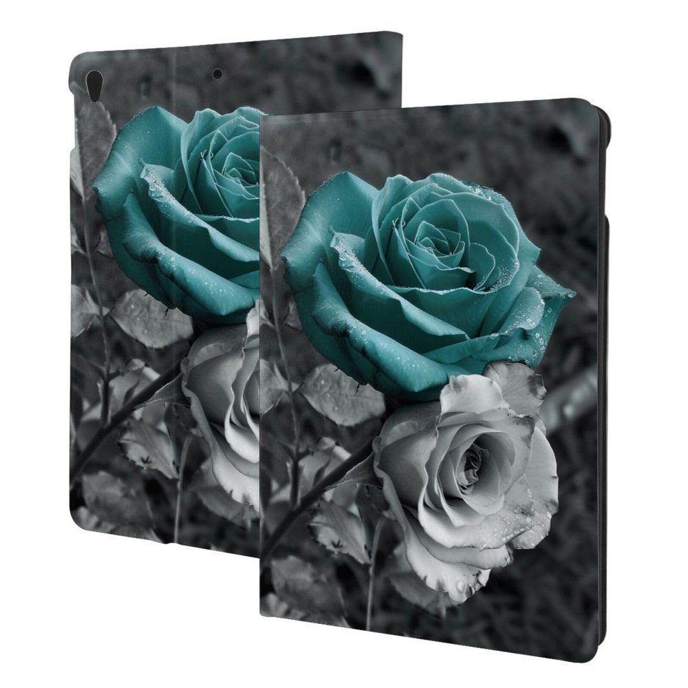 Teal Gray Rose Printed Tablet Case for Ipad Air3 10.5"/Ipad Pro 10.5", Pu Leather Non-Slip Tablet Cases Shockproof Stand Cover with Auto Sleep/Wake Cover