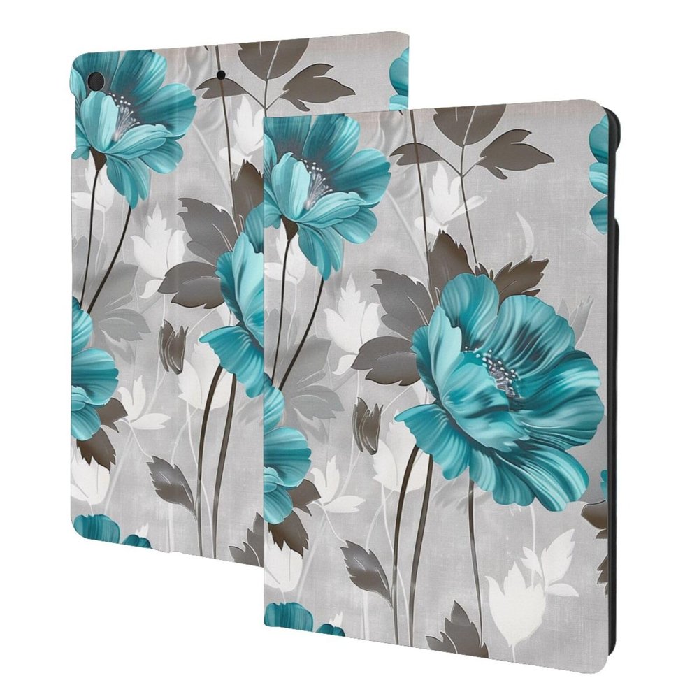 Teal Grey and White Floral Printed Tablet Case for Ipad 7th Generation 10.2", Pu Leather Non-Slip Tablet Cases Shockproof Stand Cover with Auto Sleep/Wake Cover