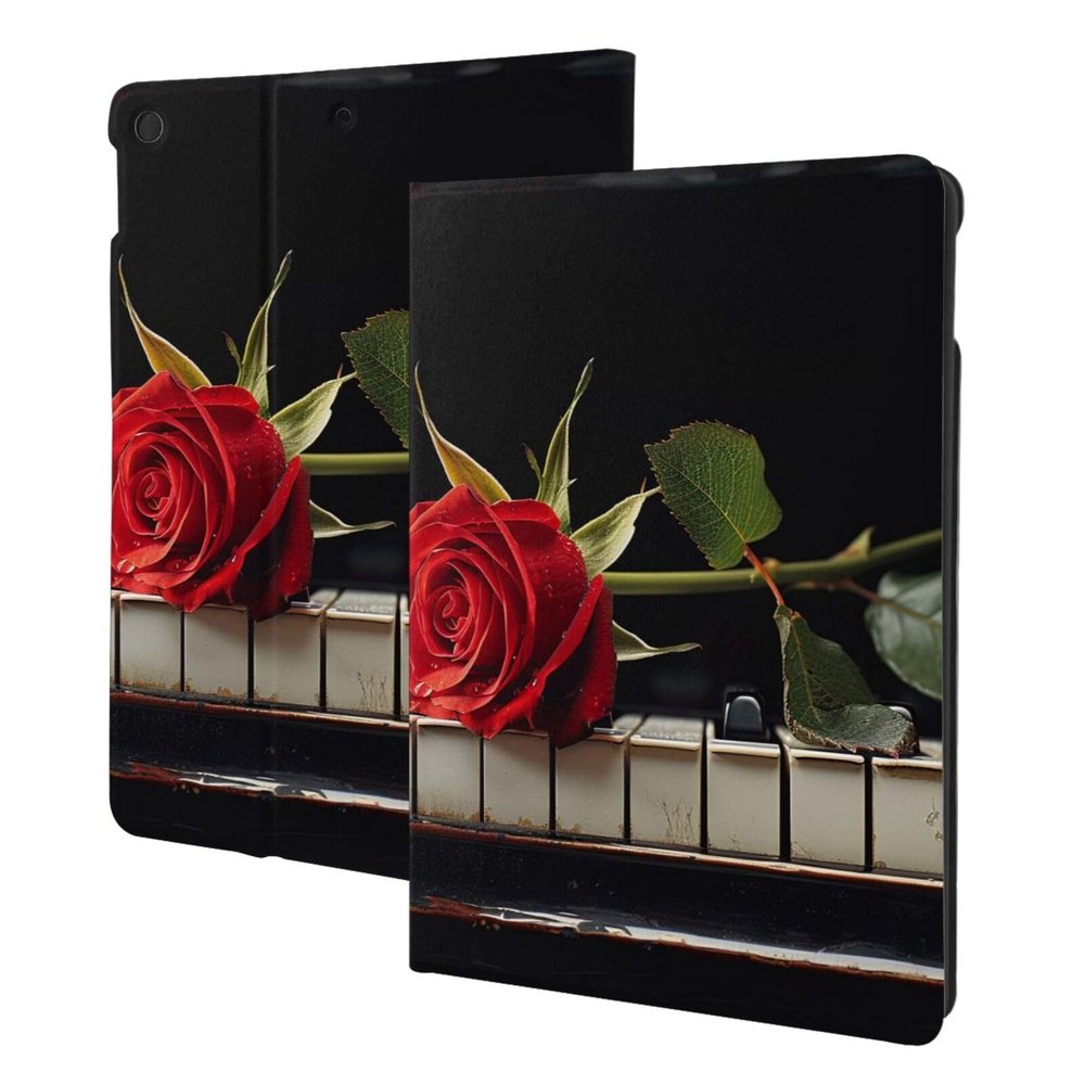 EMPYRI Red Rose On Piano Printed Tablet Case for Ipad 7th Generation 10.2"", Pu Leather Non-Slip Tablet Cases Shockproof Stand Cover with Auto Sleep/Wake Cover