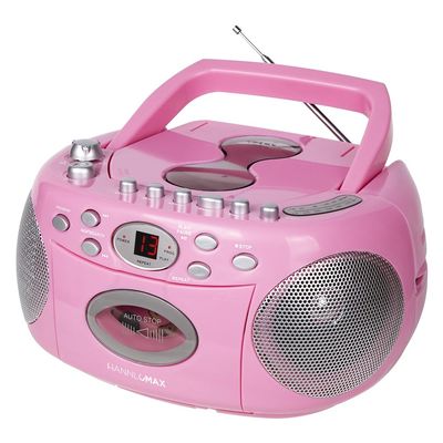 HANNLOMAX HX-323CD Portable CD Player, AM/FM Radio, Cassette Recorder, Records from CD or Radio, Headphone Jack, AC/DC Dual Power Source. (Pink)
