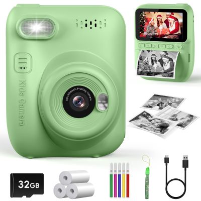 Kids Instant Print Camera, 3.0-inch HD Screen 32MP Photo Instant Digital Camera Christmas Birthday Gifts Toys for Children Girls Boys Age 3-12 - Green