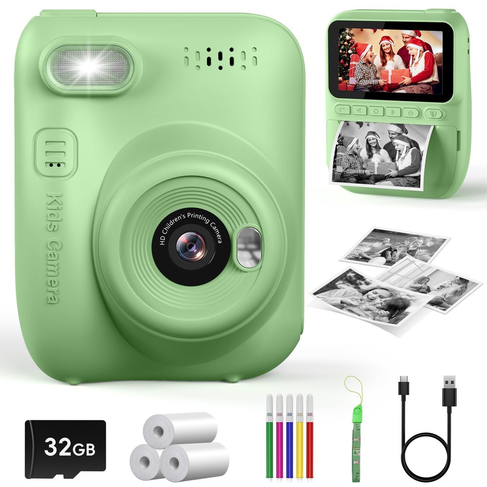 Kids Instant Print Camera, 3.0-inch HD Screen 32MP Photo Instant Digital Camera Christmas Birthday Gifts Toys for Children Girls Boys Age 3-12 - Green
