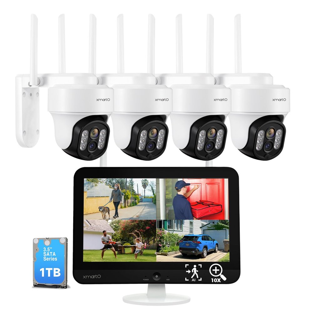 [WiFi 6 & 10X Zoom] XMARTO Wireless PTZ Security Camera System Outdoor with 10X Zoom and AI Auto Tracking, 2K HD Dual-Lens Cameras, 12" LCD Monitor NVR/DVR and 1TB HDD Included
