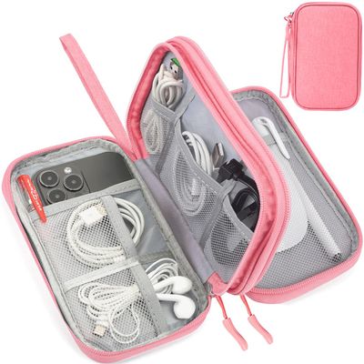 CAAORDKSO Electronic Accessories Case, Electronics Organizer Pouch Bag, Portable Travel Cable Organizer Case, Tech Storage Bag for Cable, Cord, Charger, Phone, Power Bank, Earphone (Dark Pink, Large)