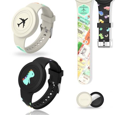 [2-Pack] Compatible for AirTag Kids Bracelet, Cute Kid Air Tag Wristband Waterproof Hidden Air Tag Holder Compatible with Apple Air Tag, Soft Silicone Air Tag Case for Kids (Dinosaurs & Planes)