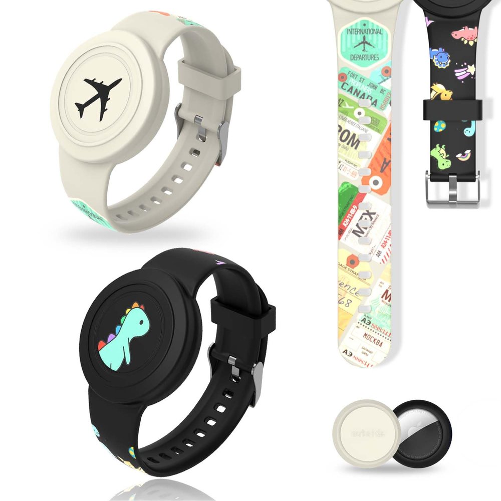 [2-Pack] Compatible for AirTag Kids Bracelet, Cute Kid Air Tag Wristband Waterproof Hidden Air Tag Holder Compatible with Apple Air Tag, Soft Silicone Air Tag Case for Kids (Dinosaurs & Planes)