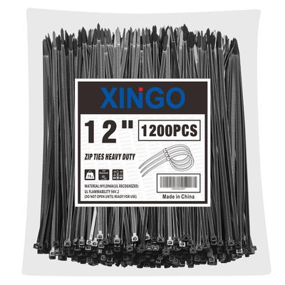 XINGO 12 Inch Black Zip Ties 1200 PCS, 75 LBS Tensile Strength, UV Resistant Cable Ties, Premium Self-locking Plastic Ties for Indoor and Outdoor Use
