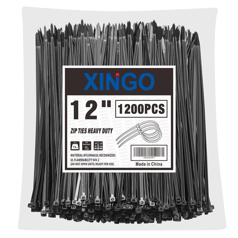 XINGO 12 Inch Black Zip Ties 1200 PCS, 75 LBS Tensile Strength, UV Resistant Cable Ties, Premium Self-locking Plastic Ties for Indoor and Outdoor Use