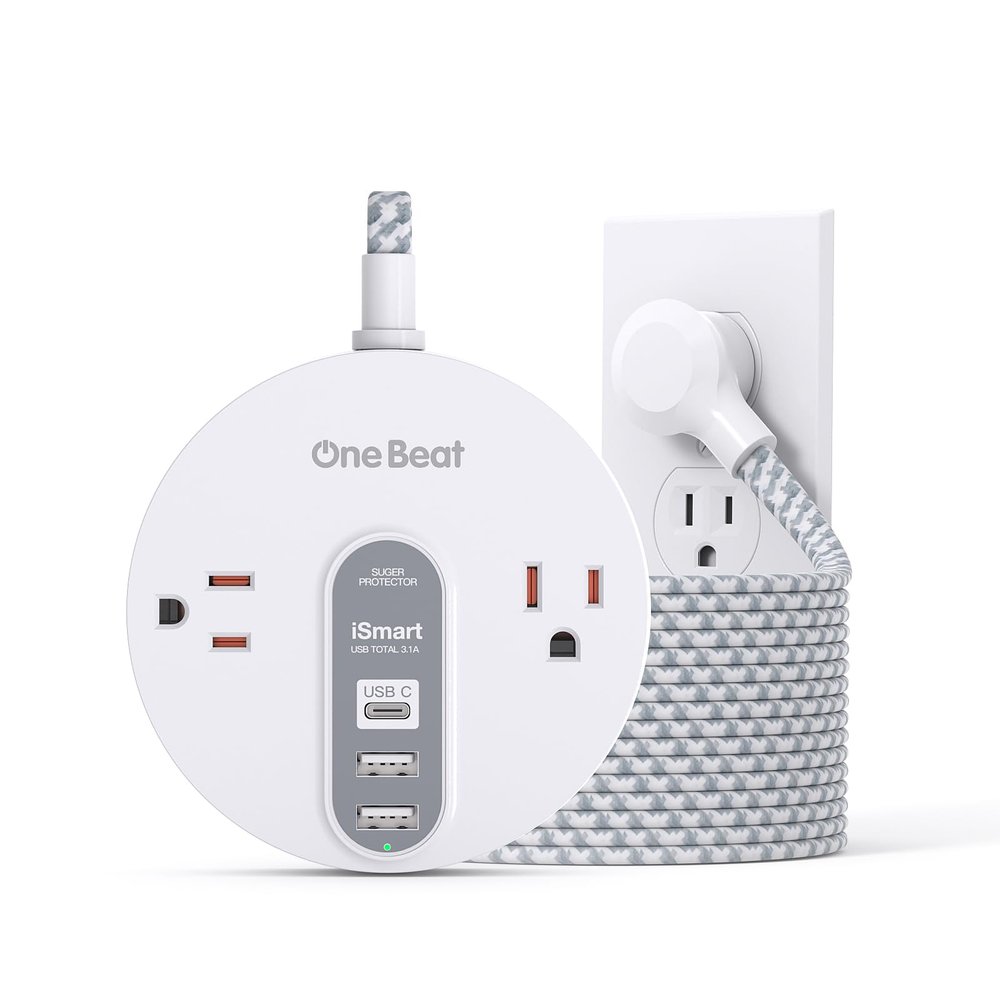 10 Ft Flat Plug Extension Cord with USB C - Power Strip Surge Protector with 2 Widely AC Outlet and 3 USB, Small Desktop Charging Station with 10 ft Power Cord, Compact for Travel Home Office (490J)
