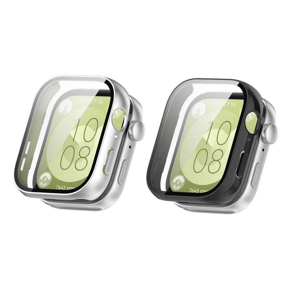 Screen Protector Case Compatible for Huawei Watch Fit 3 PC Full Cover Case Compatible for Huawei Watch Fit 3 Smartwatch (Black+Silver)