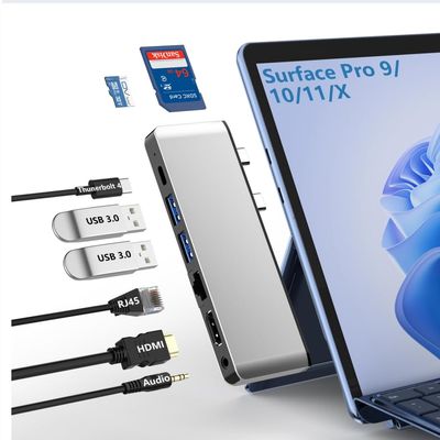 Surface Pro 9/10/11/X Docking Station with 4K HDMI, USB-C Thunderbolt 4 (8K@30Hz Video+40G Data+100W PD), 100M RJ45, 2 USB 3.0, SD/TF Card Slot, 3.5mm Audio, Triple Display for Surface Pro 9/10/11/X