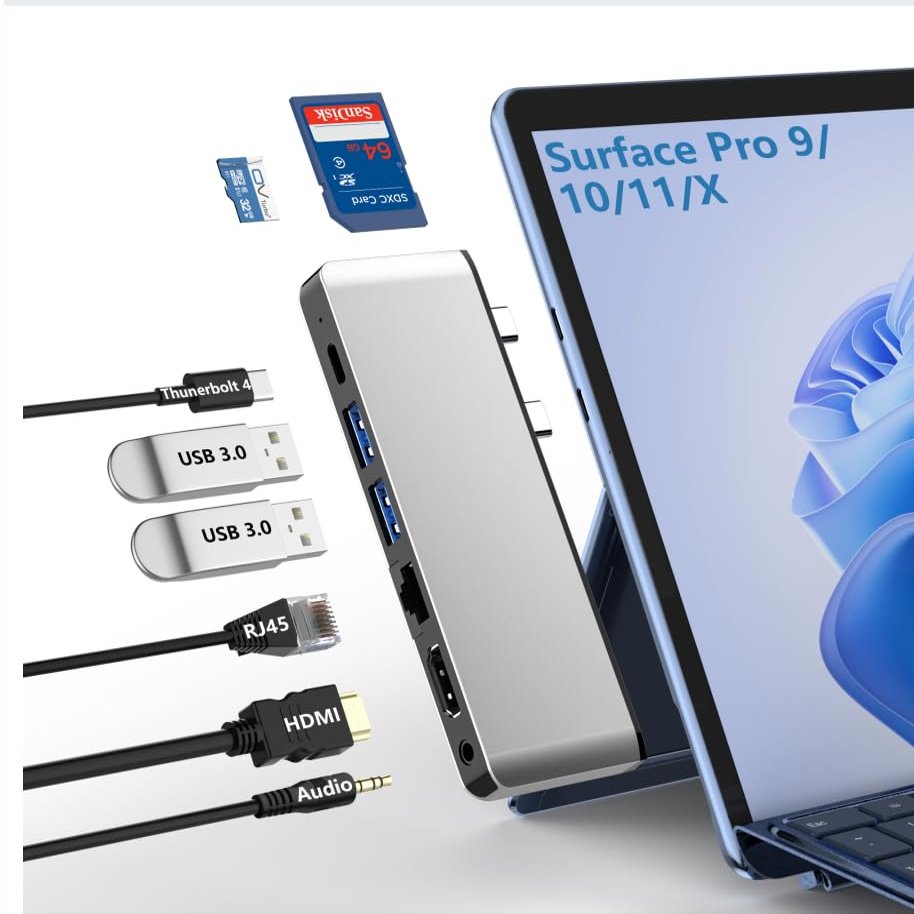 Surface Pro 9/10/11/X Docking Station with 4K HDMI, USB-C Thunderbolt 4 (8K@30Hz Video+40G Data+100W PD), 100M RJ45, 2 USB 3.0, SD/TF Card Slot, 3.5mm Audio, Triple Display for Surface Pro 9/10/11/X